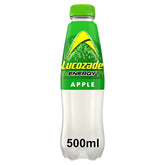 A 500ml bottle of Lucozade - Energy Apple Blast, featuring a green cap and label, perfect for a quick energy boost.